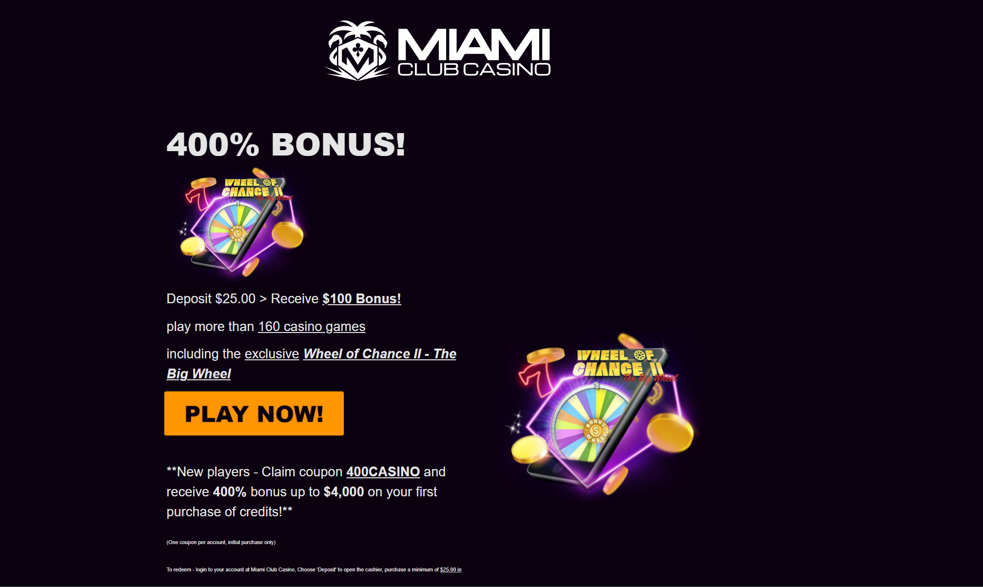 Miami Club Casino 400% Welcome Offer 