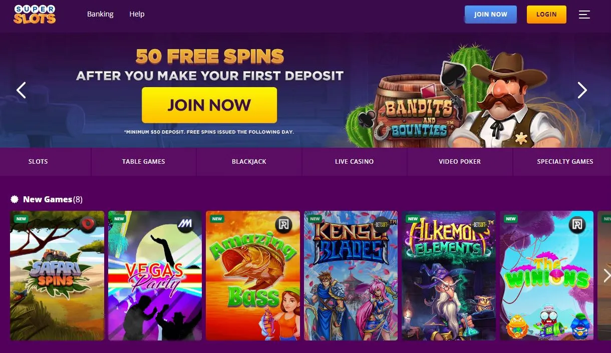 An Image Of Super Slots Welcome Page And New Games Slider