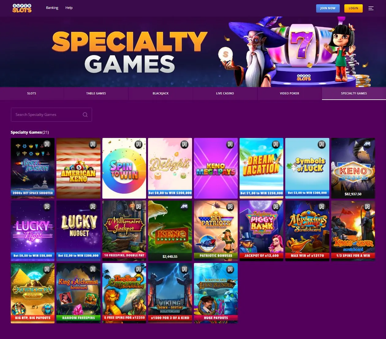 Super Slots Casino Specialty Games Section Image 